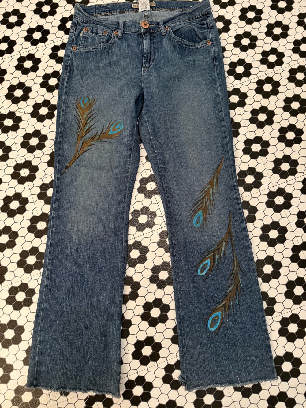 Z. Cavaricci Blue Denim Wide Leg Jeans with Peacock Feather Motif